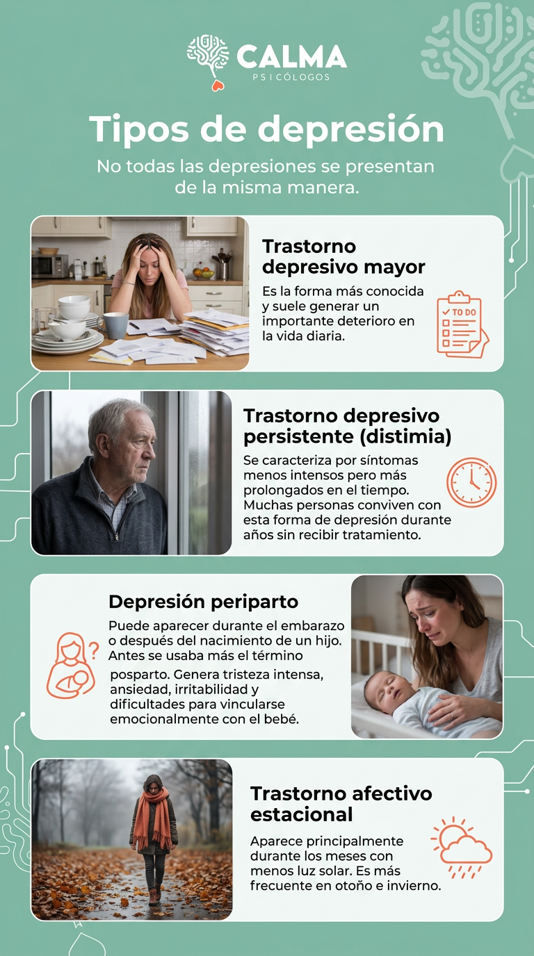 Infograf&iacute;a tipos de depresi&oacute;n seg&uacute;n Calma Psic&oacute;logos en Fuengirola
