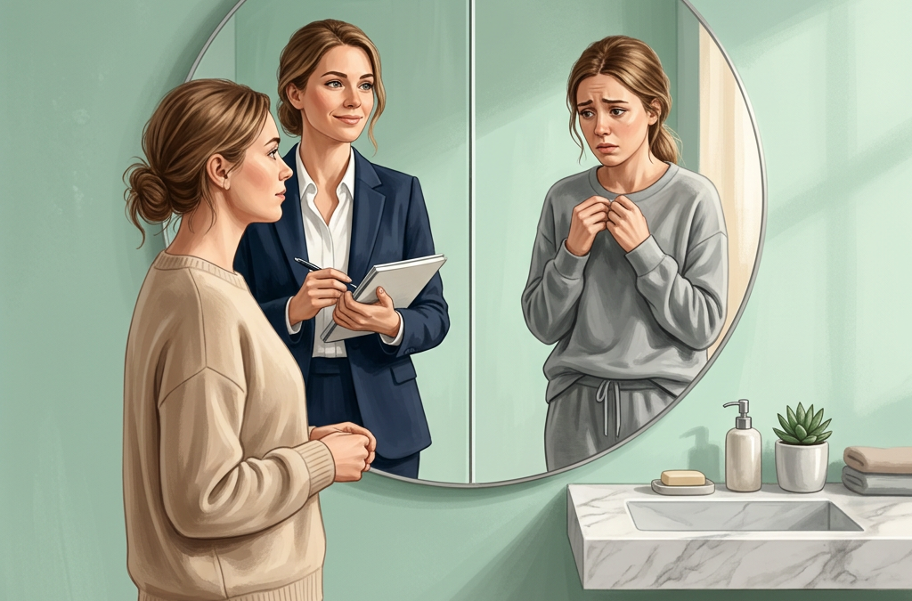 Persona observ&aacute;ndose en un espejo con dos reflejos diferentes que simbolizan la percepci&oacute;n distorsionada de las propias capacidades.